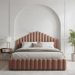 Load image into Gallery viewer, Pink upholstered bed in a modern bedroom setting with a lamp and plant.