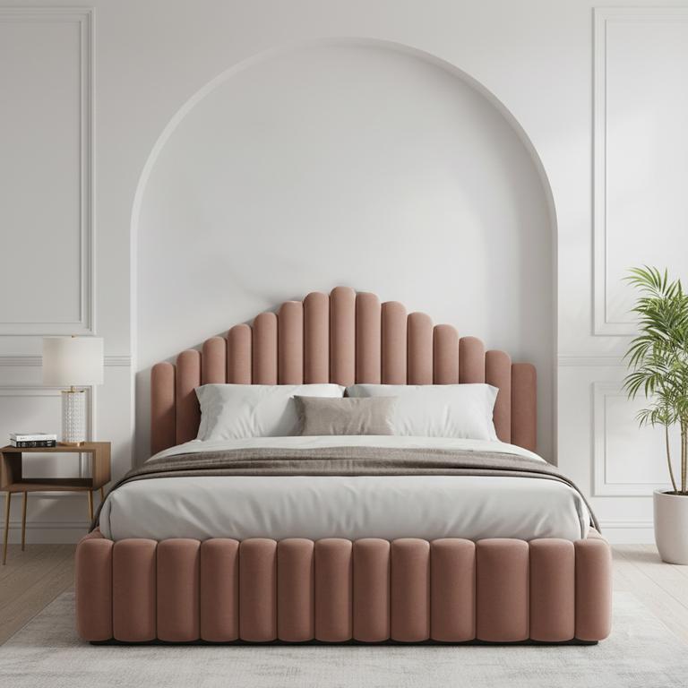 Pink upholstered bed in a modern bedroom setting with a lamp and plant.