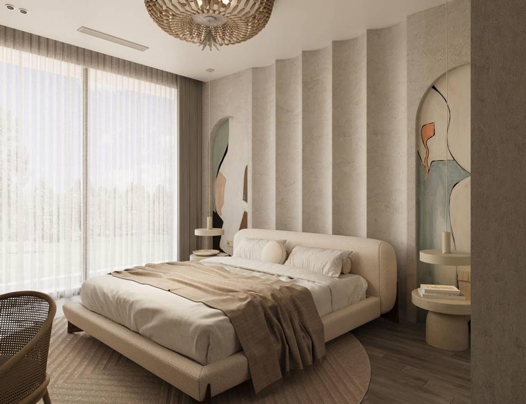 Modern bedroom with a bed, mirrors, and a chandelier.