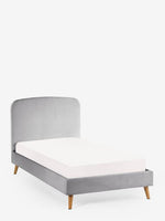 Load image into Gallery viewer, Gray upholstered bed with white mattress on a white background