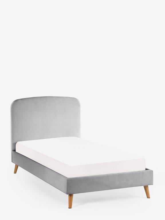 Gray upholstered bed with white mattress on a white background