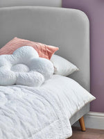 Load image into Gallery viewer, Gray upholstered headboard with white bedding and pink pillow against a purple wall.