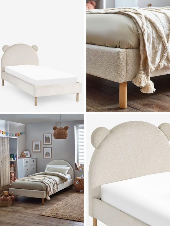 Collage of a beige bed with wooden legs in various settings.