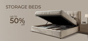 Storage bed with open lid showing hidden compartments on a beige background, with text indicating storage beds and discount offer.