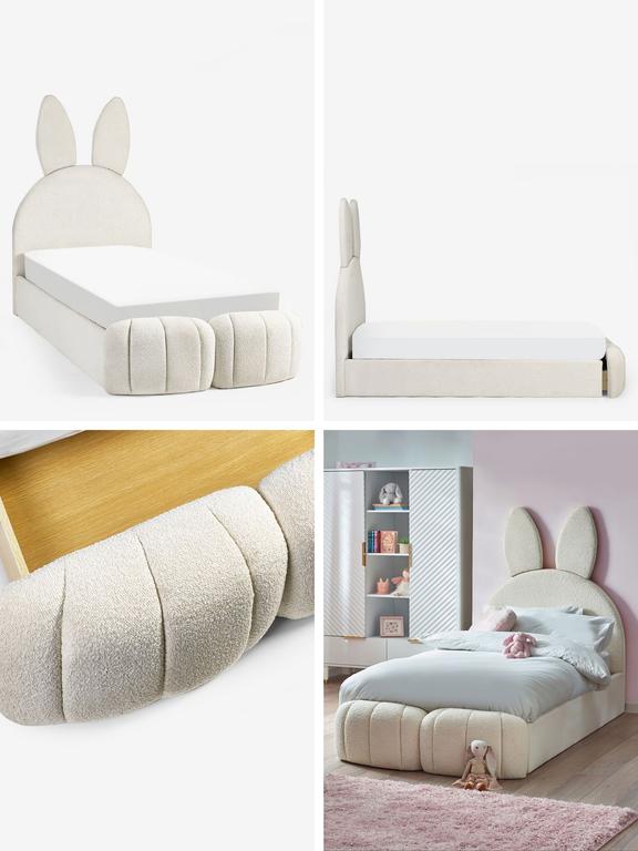 Collage of a children's bed with bunny ears and a room setup featuring it.