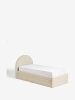 Load image into Gallery viewer, Beige bed frame with a white mattress on a white background