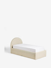 Beige bed frame with a white mattress on a white background