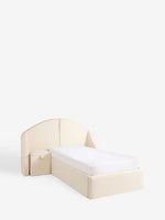 Load image into Gallery viewer, Beige corner bed with mattress on a white background