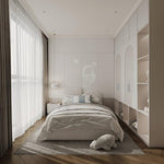 Load image into Gallery viewer, Modern bedroom with a bed, shelves, and decorative elements.