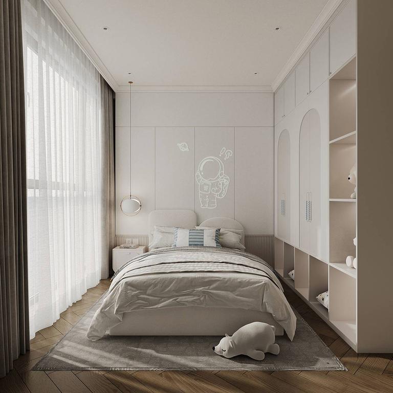 Modern bedroom with a bed, shelves, and decorative elements.